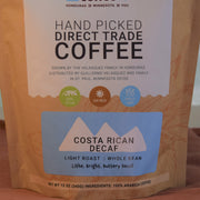 Costa Rican Decaffeinated Coffee is a light roast, organic, fair trade coffee.