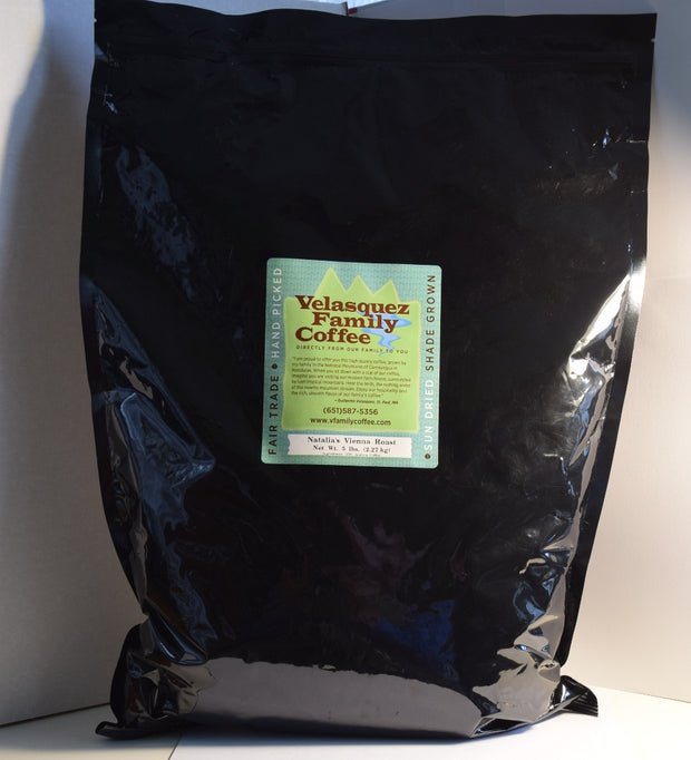 Velasquez Family Coffee comes in 5 pound bulk bags for offices and churches. A great way to support your fundraising project. Natalia's Vienna Roast comes in ground and whole bean 5 lb. bags.