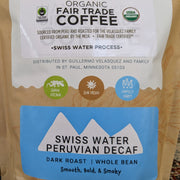 Organic Fair Trade Coffee sourced from Peru and roasted for the Velasquez Family, Certified Organic by the MCIA, Fair Trade Certified. Swiss Water Peruvian Decaf Dark Roast Smooth Bold and Smoky