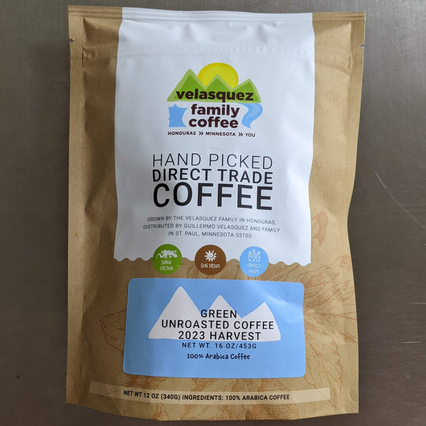 Green Unroasted Velasquez Family Coffee in 1 lb bag