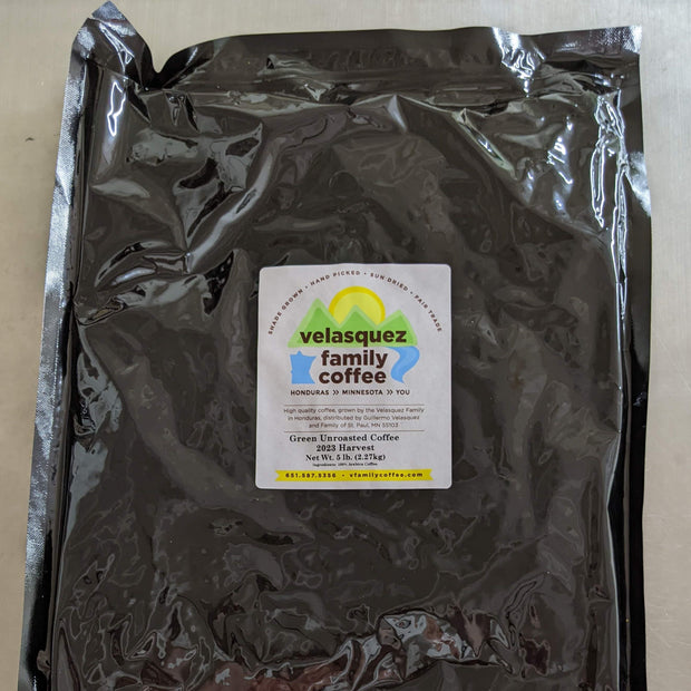 Green Unroasted Velasquez Family Coffee in a 5 lb bulk bag