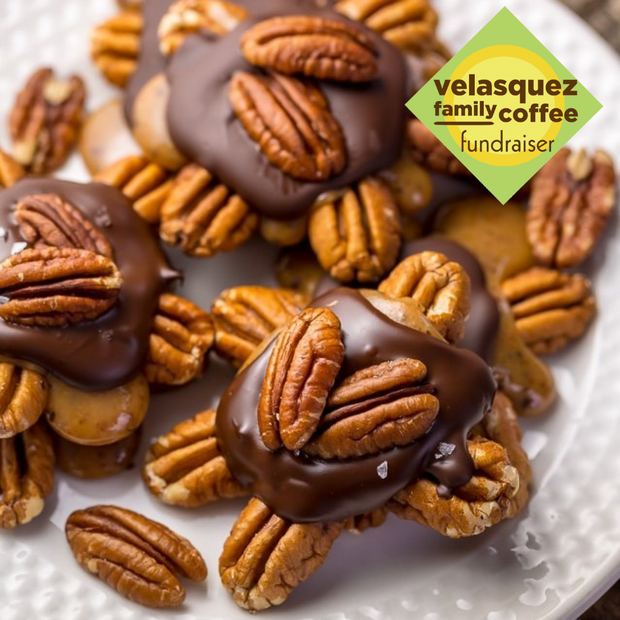 Turtle Nut Coffee: dark chocolate, creamy caramel and roasted pecans. Image shows these ingredients shaped in the form of a turtle. Fundraiser Version.