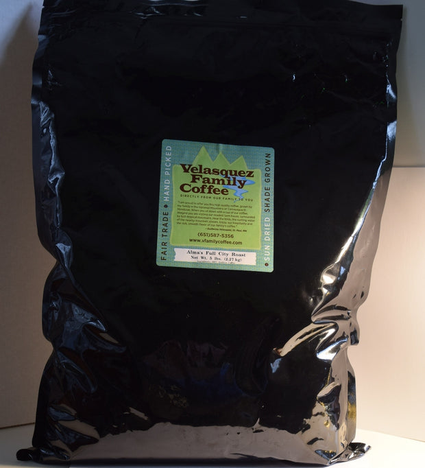 Our 5 pound bag of Alma's Full City Light Roast Coffee is gently roasted to provide a sweet aroma. This option for fundraisers adds up quickly.