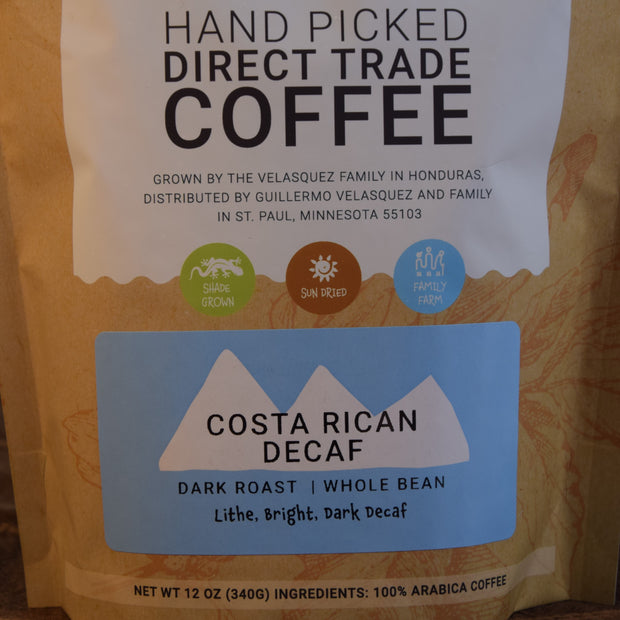 Costa Rican Decaffeinated Coffee is a dark roast shade grown fair trade coffee.