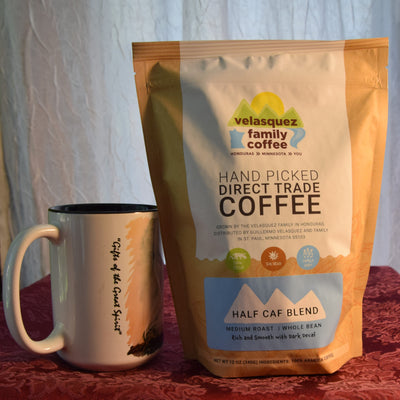 This half and half blend of regular roast coffee and decaffeinated coffee combines all the benefits of shade grown, fair trade coffee.