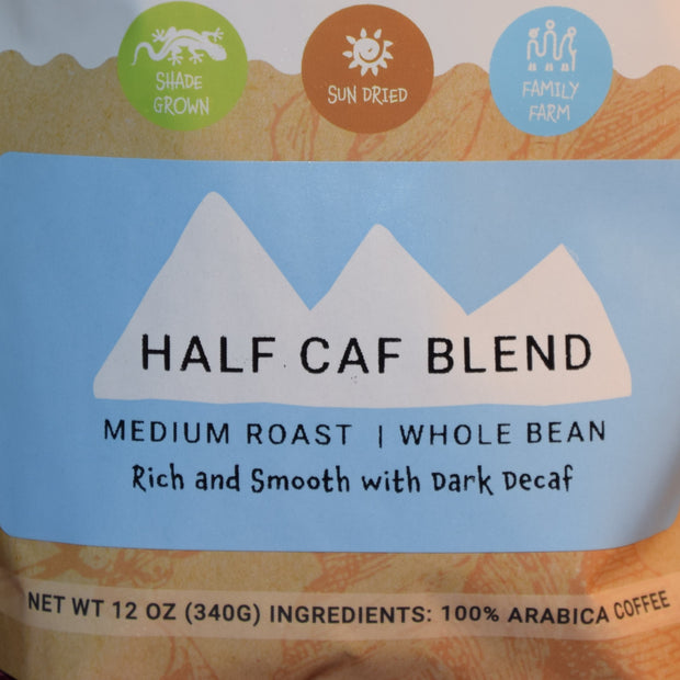 This half and half blend of regular roast coffee and decaffeinated coffee combines all the benefits of shade grown, fair trade coffee.