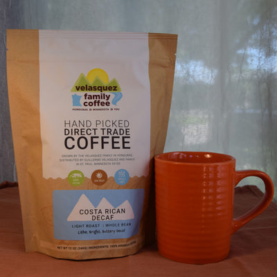 Costa Rican Decaffeinated Coffee is a light roast, organic, fair trade coffee.