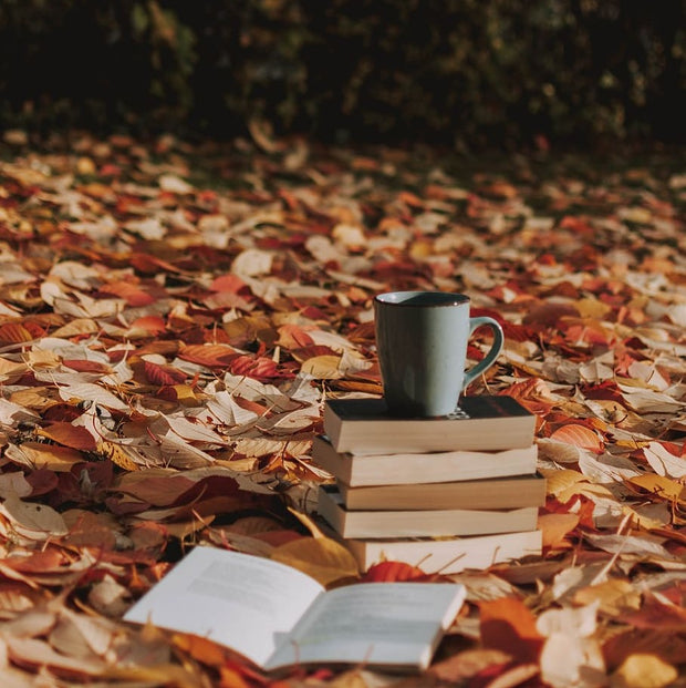 Images shows Fall leaves, stack of books and a coffee cup. This flavor celebrates the fall flavors of nutmeg, cinnamon and spice