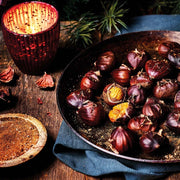 Velasquez Family Coffee Jazy Chestnut coffee flavor Creamy Cinnamon & Rum, image of roasting chestnuts and spices